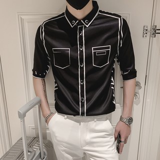Social chico de manga corta camisa de tres cuartos de mangas de estilo coreano de moda guapo camisa Slim casual casual media manga camisa de los hombres
