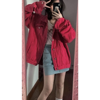insChaqueta vaquera roja sandía estilo Hong Kong para mujer primavera y verano nuevo estilo coreano chaqueta informal versátil suelta para estudiantes