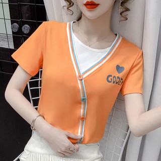 Falso de dos piezas de contraste de color de manga corta T-shirt de las mujeres de la moda slim camiseta corta versátil fondo camiseta