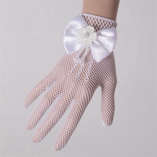 1 par de guantes de red de perlas sintéticas de encaje blanco para niñas Z3K5 (7)