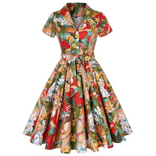 [0911] algodón hepburn estilo retro con cordones grande falda vestido para señoras impresión vestido