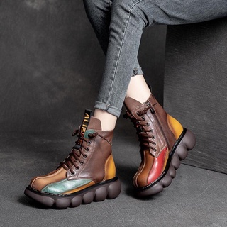Botas de mujer 2021 otoño nuevo Vintage cuero Martin botas de encaje botas cortas botas gruesas soled muffin arco iris zapatos de contraste botas individuales