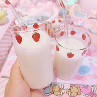 nuevos productos Chica Corazón Fresa Taza de leche Taza de paja Vaso Transparente Taza de agua Net Red Ins Taza linda Desayuno Pequeño Fresco (1)