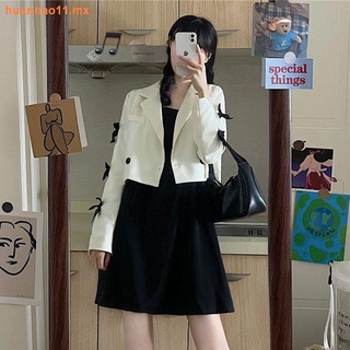 2021 autumn new suit jacket, short loose, wild bow, small suit, black sling dress, female [shipped within 7 days]