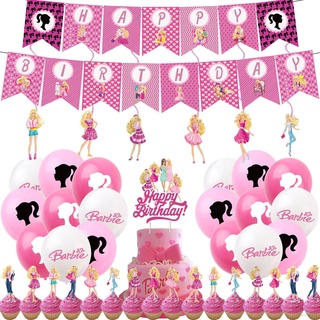 Barbie Princesa Tema Feliz Fiesta De Cumpleaños Decoraciones Conjunto De Decoración De Tarta Globos Bandera Necesidades Suministros Escena Diseño (1)