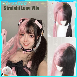 DORAEMON largo grueso negro y rosa peluca sintética flequillos Lolita doble Color Toupee mujeres femeninas extensión de pelo Harajuku Goth estilo Cosplay largo pelo recto (1)