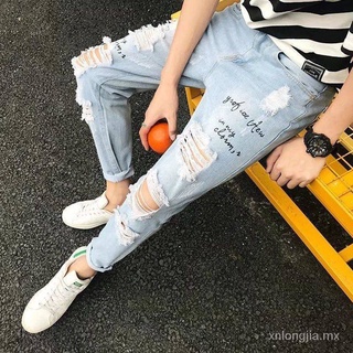 🙌 Casual All - Match pantalones Hole Jeans hombre coreano juventud nueve pantalones Slim Trend QuGv