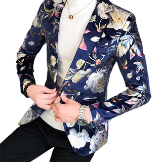 MELL-hombre Floral impreso Blazer abrigo, botón pico solapa fiesta cena boda