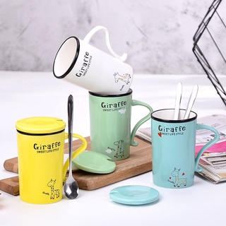 Taza de cerámica de ciervo lindo con la cubierta cuchara taza creativa personalidad pareja taza de agua leche hogar desayuno taza de café