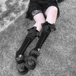 Ivy mujeres gótico Punk Halloween araña Web rodilla calcetines altos Lolita volantes encaje Bowknot negro medias Cosplay Hosiery Streetwear (5)