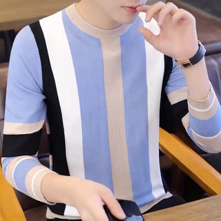 2021 hombres jersey prendas de punto rayas tendencia coreana primavera y otoño delgado manga larga top base camisa