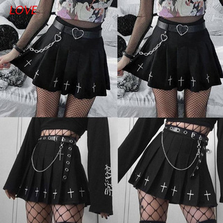LOVE mujeres Punk cruz bordado negro Mini plisado Skater falda volantes cintura alta una línea oscuro gótico Harajuku Streetwear (1)