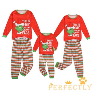Pft7-navidad padre-hijo pijamas de la familia, dibujos animados y letras de impresión de manga larga cuello redondo camiseta + bloque de Color pantalones de rayas