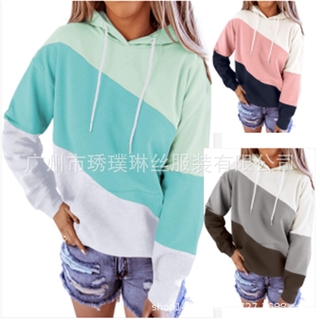 【New】Amazon AliExpress Hot Sale in Europe and America New Women's Colorblock Hood Sweatshirt Casual Pullover Hoodie