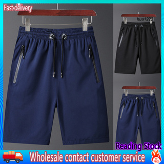 HUA_Men Shorts Solid Color Zipper Pockets Drawstring Quick Dry Knee-length Shorts Short Pants for Outdoor Sports