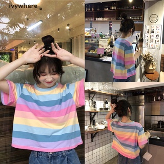 Ivywhere Women Stripe Tshirt Loose Rainbow Tees Short Sleeve Tops Baggy T Shirts Tee MX