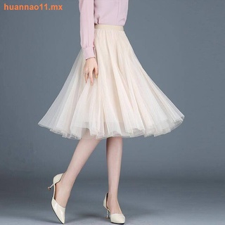 Mesh skirt female spring and autumn mid-length high-waist vibrato fairy skirt pleated skirt A-line long skirt thin gauze skirt