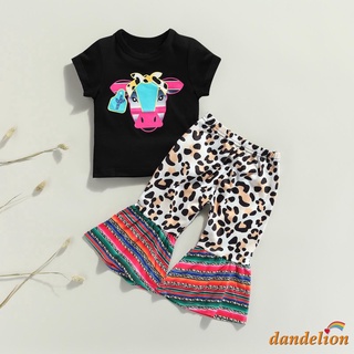 Diente de león-bebé niñas verano trajes conjunto, manga corta de dibujos animados vaca impresión Tops +