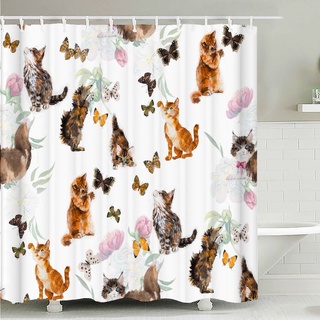 Linda cortina de ducha con estampado de gato impermeable tela de poliéster 3D encantadora mariposa flor cortina de baño con ganchos decoración del hogar
