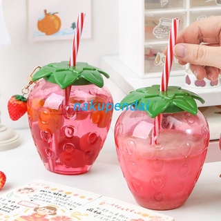 NAK Summer Kawaii Strawberry Straw Cup Lovely Milk Tea Coffee Cup with Lid Student Portable Water Bottle for Girls Kids