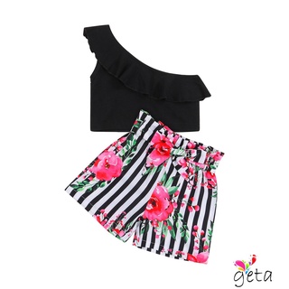 LJW-Kid conjunto de ropa de niñas, Color sólido sin mangas Off-hombro recortado Tops + impresión Floral pantalones cortos (6)