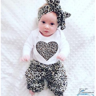 Zhy-tres piezas ropa de bebé niña dulce corazón manga corta mono y leopardo pantalones largos con diadema