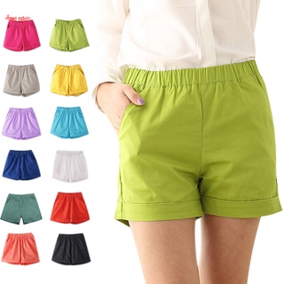 Summer Women Cotton Shorts Casual Elastic Waist Candy Solid Color Short Pants