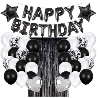 Juego de decoraciones de fiesta de cumpleaños negro con bandera de globos de feliz cumpleaños, globos de confeti para suministros de fiesta de cumpleaños