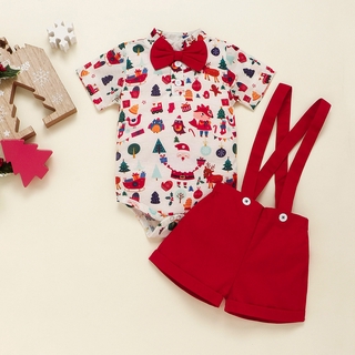 Bebé niños ropa de navidad de manga corta bebé mameluco Onesies +Overalls pantalones conjunto de navidad caballero trajes
