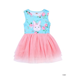E6-modable niñas pequeñas traje de pascua, niños pequeños verano estilo dulce conejito impresión sin mangas malla empalme vestido de princesa