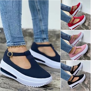 Spring Retro Round Head Loafers for Women Low Upper Wedge Heel Shoes Buckle Design