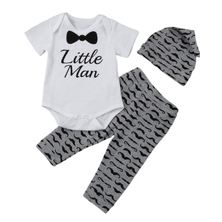 ╭trendywill╮Newborn Kids Baby Boys Print Outfits Clothes Romper Tops+Long Pants+Hat Set