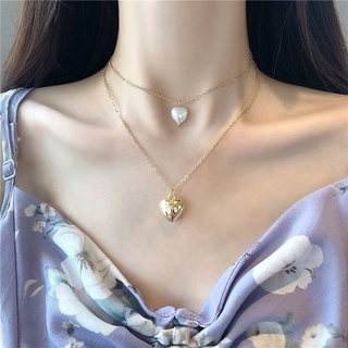 Moda Retro doble Metal clavícula cadena elegante melocotón corazón imitación perla chapado en oro collar para las mujeres