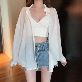 gasa camisa de las mujeres de verano nuevo suelto de media longitud delgada de manga larga protector solar coreano top