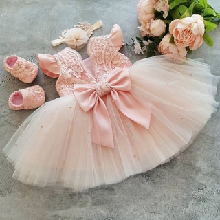 Wfrv 1st Birthday Dress for Baby Girl Pearl Bow Tulle Lace Party Wedding Birthday Tutu Dresses For Girl Summer Kids Princess Dress
