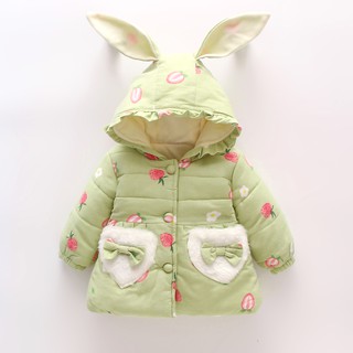 suitable for children 9 months to 3 years old 2021 autumn/winter bow pocket princess padded jacket with rabbit ears hat coat fashion girl thickened sweater cute strawberry print The new
