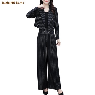 Otoño de una pieza nuevo estilo occidental temperamento de las señoras traje de moda coreana abrigo corto a rayas pantalones anchos de dos piezas para mujer