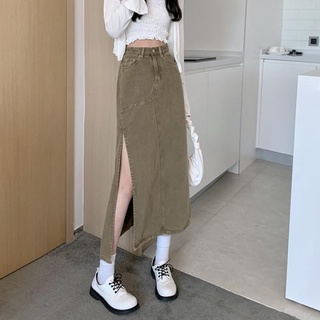 temperamento hendidura falda denim mujer verano 2021 nuevo estilo, cintura alta y delgada media longitud una línea falda