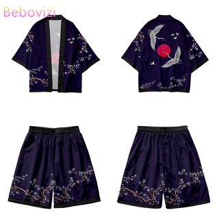 Japanese Cosplay Crane Print Cardigan Harajuku Kimono Shorts Sets Yukata Casual Vintage Shirt Women Men Haori Two-piece Suit