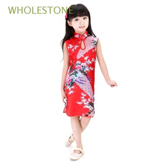 wholestone slim cheongsam vestido dulce ropa de verano niño vestidos qipao pavo real lindo sin mangas niños estilo chino vestido tradicional/multicolor