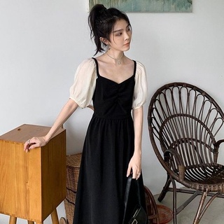 Vestido negro Retro francés de manga corta con cuello cuadrado primer amor vestido largo ajustado a la cintura vestido elegante para mujer verano