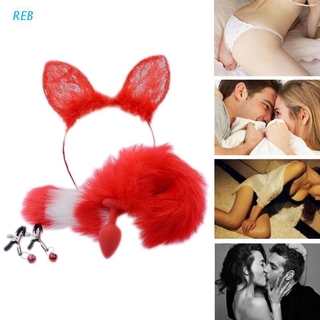 REB 3Pcs Adult Roleplay Sex Toys Set Faux Animal Tail Silicone Butt Plug with Lace Ears Headband Nipple Clips Couples Game