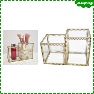 [xmapwkgk] organizador de maquillaje de vidrio transparente con 2 compartimentos para cepillos, caja de almacenamiento de cepillos cosméticos, para tocador de dormitorio de baño