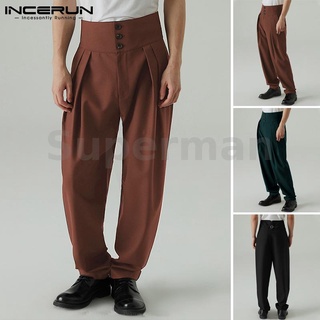 INCERUN Hombres Vintage Alta Cintura Botones Abajo Suelto Color Sólido Harén Pantalones (3)