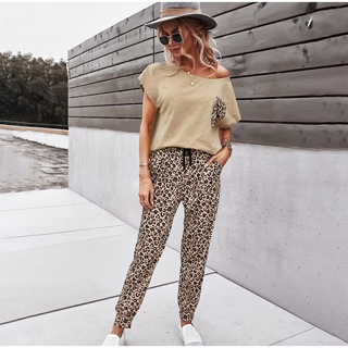 mujer moda leopardo impresión de manga corta deportes pantalones largos bolsillo hogar traje