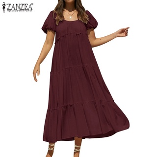 ZANZEA Women Crew Neck Short Sleeve Short Sleeve Solid Color Elegant Ruffled Hem Long Dress