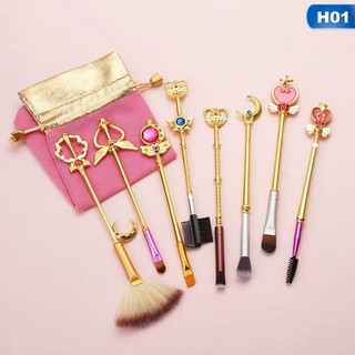 【Ready Stock】 8Pcs Gold Cardcaptor Sakura Sailor Moon Makeup Brushes Set Cosmetic Powder Foundation Eyeshadow Brush Make Up Tool