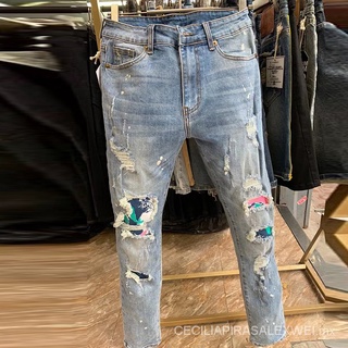 Vaqueros ceñidos con agujeros para Hombre, pantalones Vaqueros de marca de alta calidad, desgastados, color azul claro, pantalón de Hip Hop 1K7E