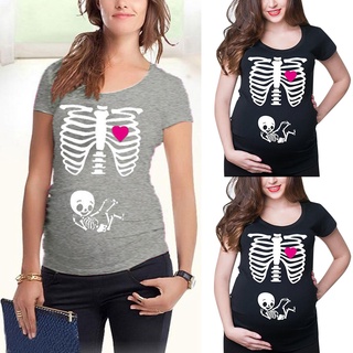 Denetytres Mujeres Maternidad Manga Corta Esqueleto Impresión Tops Camiseta Embarazada Ropa Casual