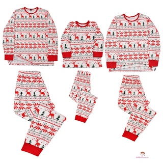 Xzq7-navidad familia coincidencia pijamas, impresión alce de manga larga cuello redondo Tops con pantalones (2)